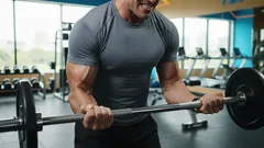 Muž posiluje bicepsy s činkou v posilovně, trénink svalů, fitness cvičení