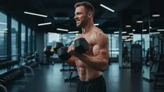 Muž cvičí s činkami ve fitcentru, posilování bicepsů, moderní tělocvična, fitness trénink